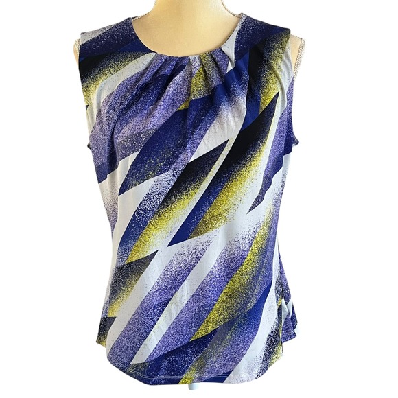 Calvin Klein Sleeveless Top Abstract‎ Print Ruched Neck Casual Blouse Multicolor - Picture 1 of 10